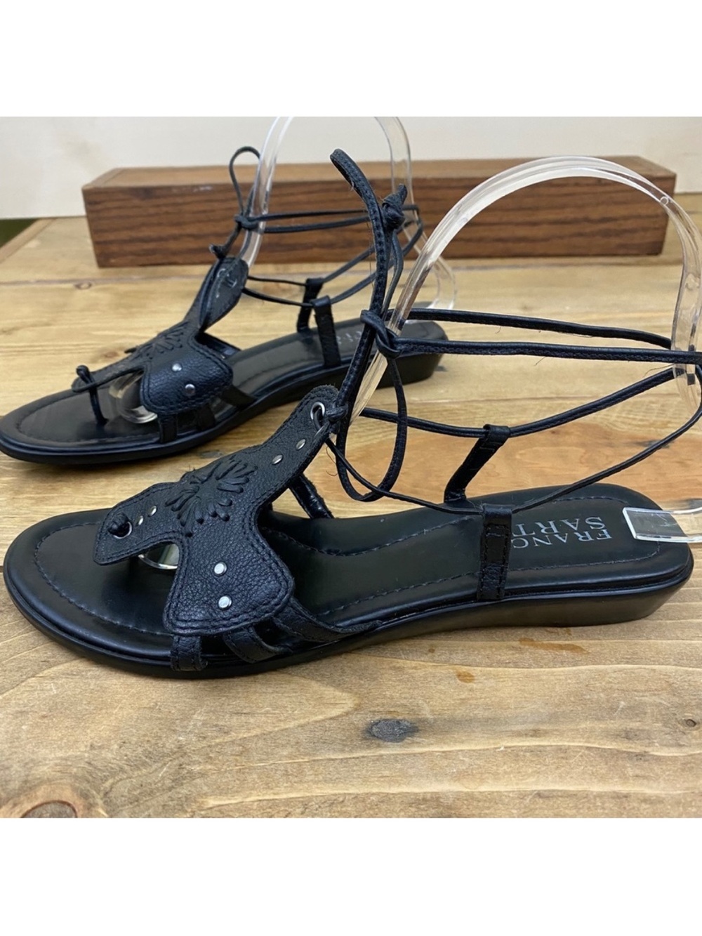 Franco Sarto tie up black leather 3/4 wedge low heel sandals with rivets studs - Picture 3 of 7